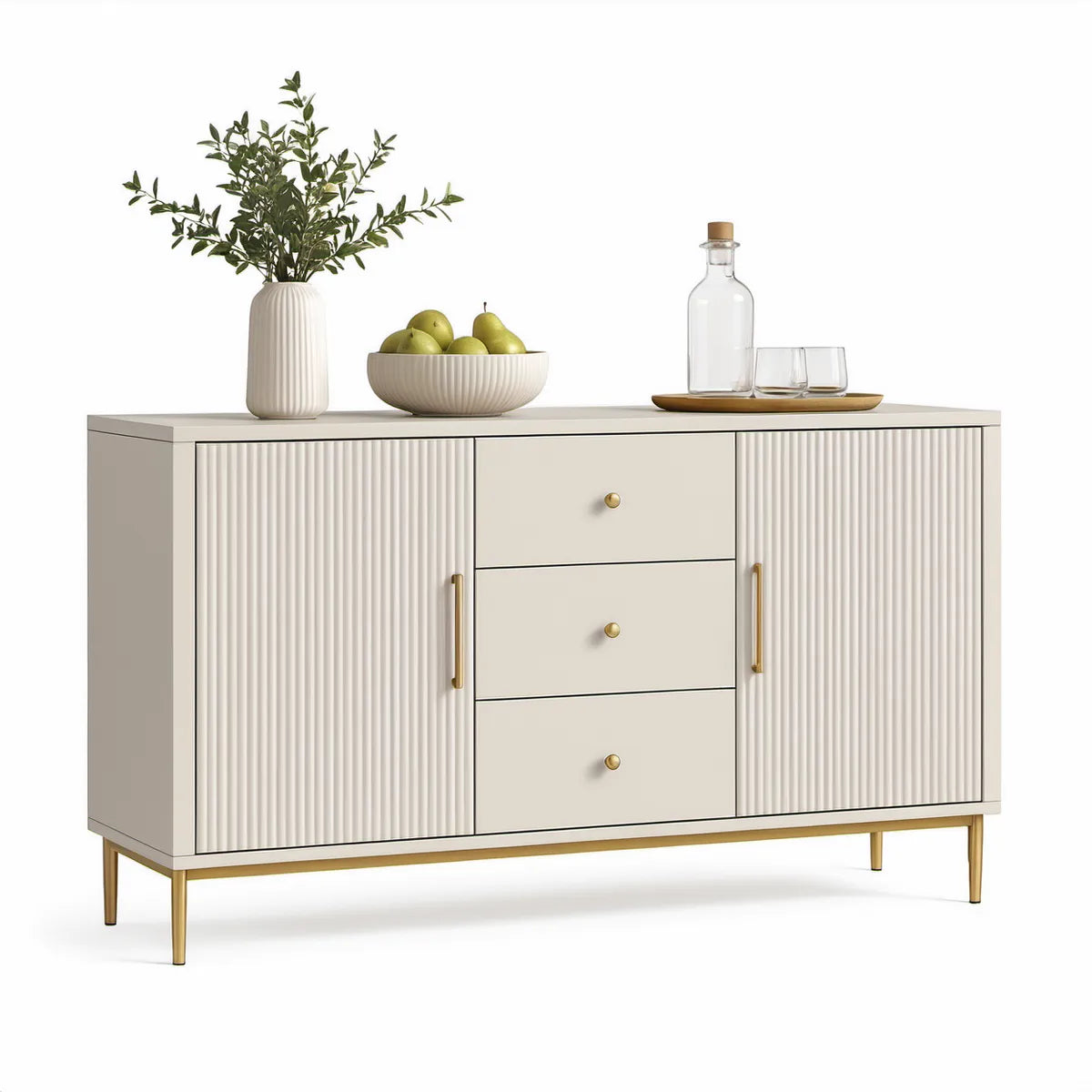 Krémová komoda se 2 dvířky a 3 zásuvkami, MDF, 160 × 40 × 90 cm