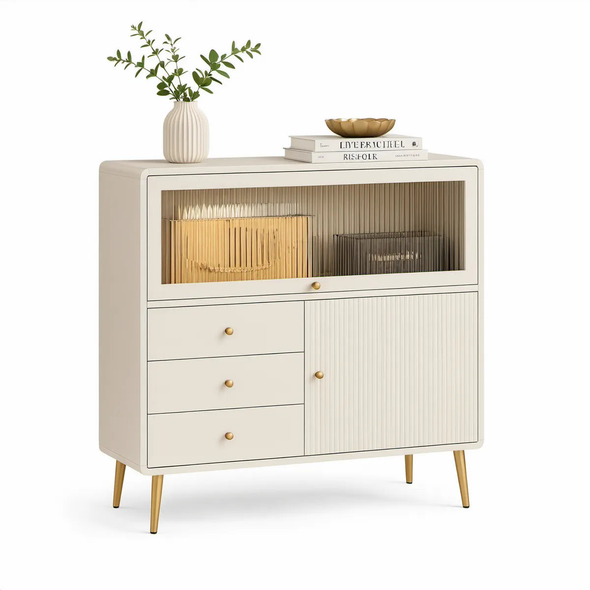 Krémový MDF příborník se 3 zásuvkami, 2 dvířky a kouřovým sklem, 100 × 40 × 100 cm